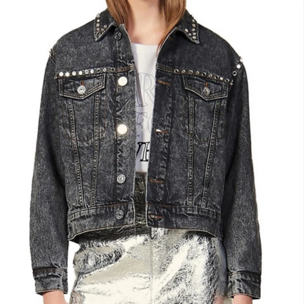 SANDRO Mirrored Studded Gray Washed Denim Jeans Jacket Cotton Size 38 - Picture 1 of 9